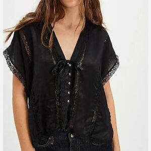 Free People Marigold Black Lace Blouse with Bow